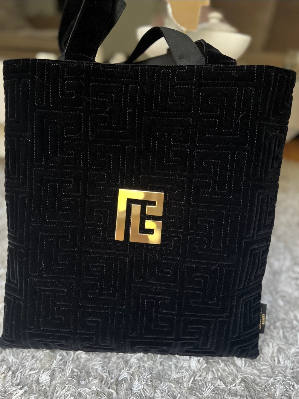 Balmain Black Velvet Tote Bag with Gold Logo